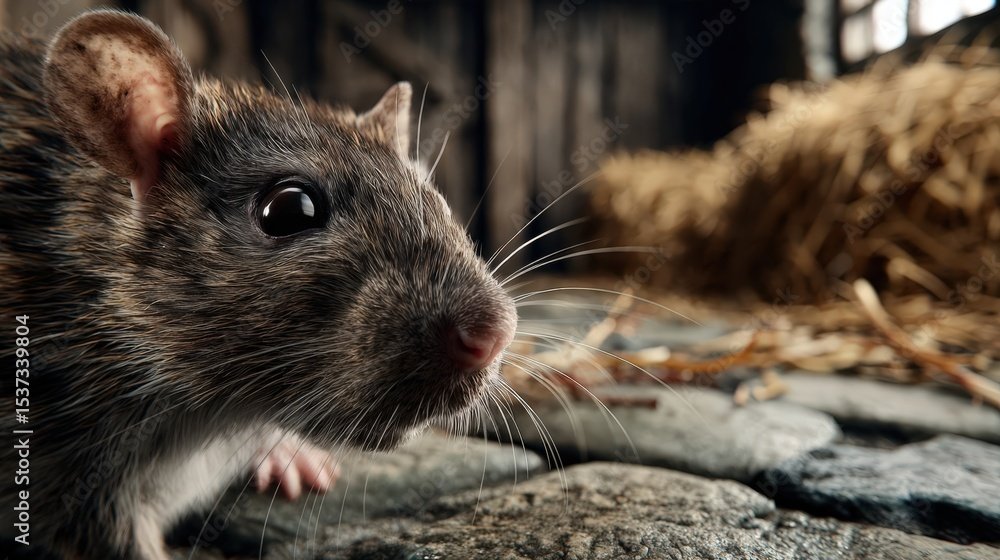 Close Up of Brown Rat With Whiskers in Rustic Setting, Representing Wildlife and Rodent Control