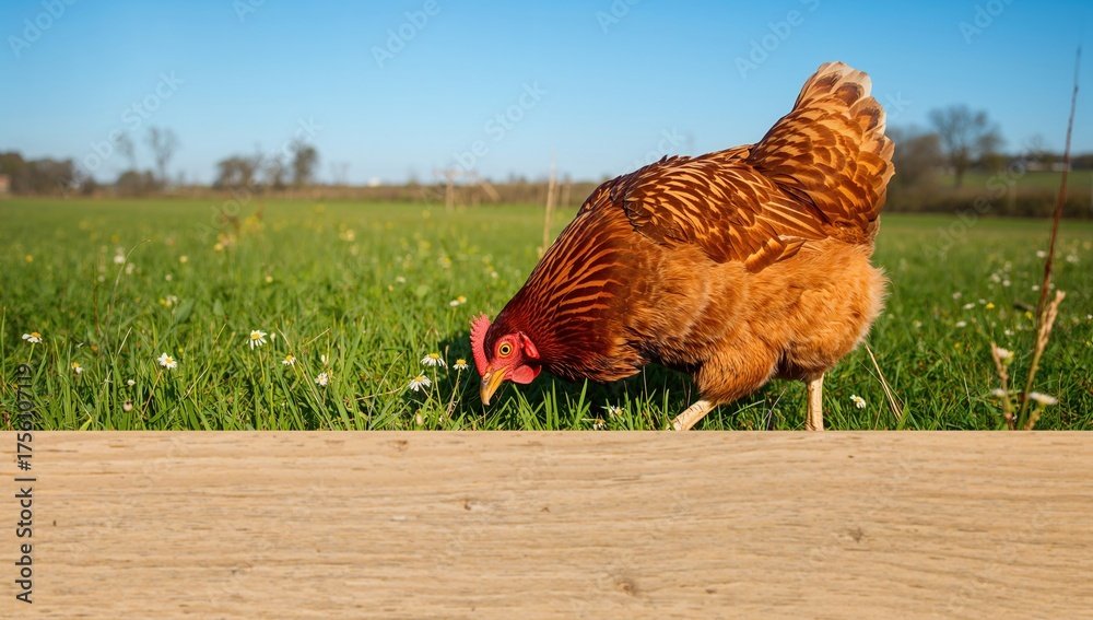 A hen feeding in a grassy meadow with room for text or a label on a traditional natural free-range poultry farm.
