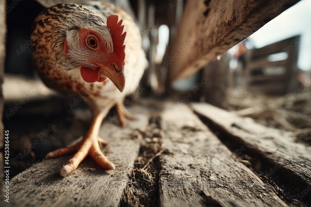 Chickens roam freely on rustic wooden floors, showcasing natural